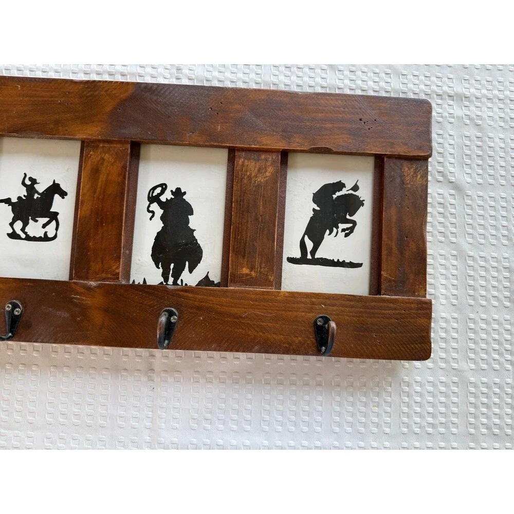 Rustic Cowboy Horseback Riding Wood Wall Hook Rack 4-Hook